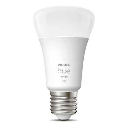 Philips Hue Hvid Smart LED-pære E27 1100 lm 1-pak ses opretstående med skruefatning og Philips Hue-logo.