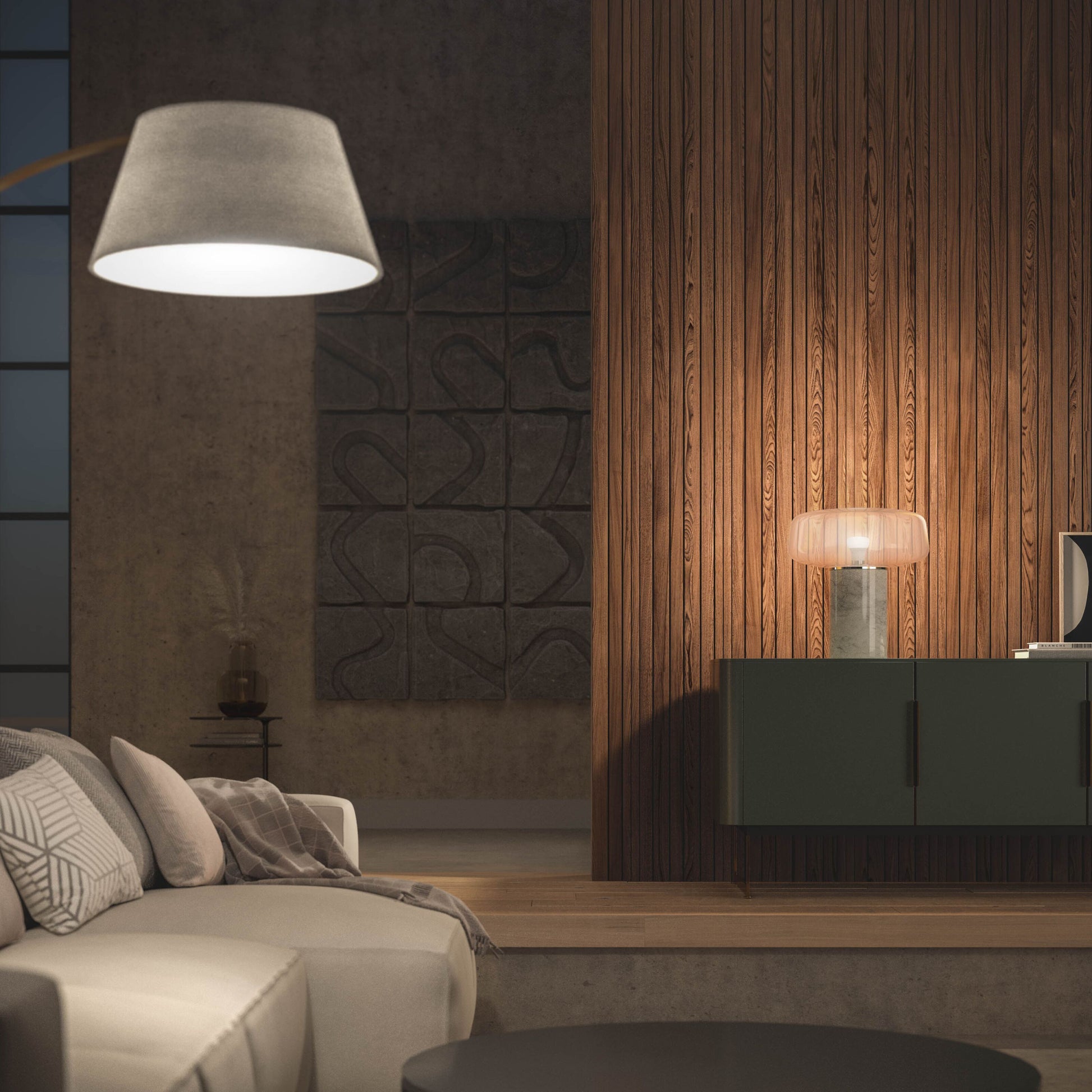 Hue Hvid Smart LED-pære E27 1100 lm i gulvlampe ved beige sofa med mønstret pude, mørkt skab og pink bordlampe.
