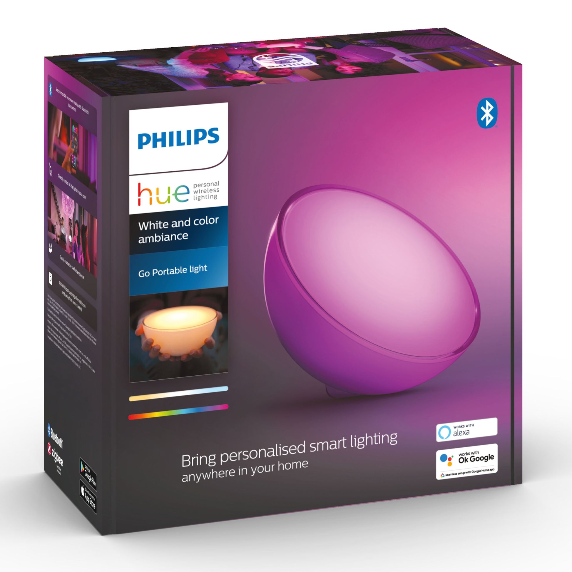 Philips Hue Go bærbar bordlampe domeformet, Bluetooth, Alexa og Google Assistant kompatibel, hvidt og farvet lys.