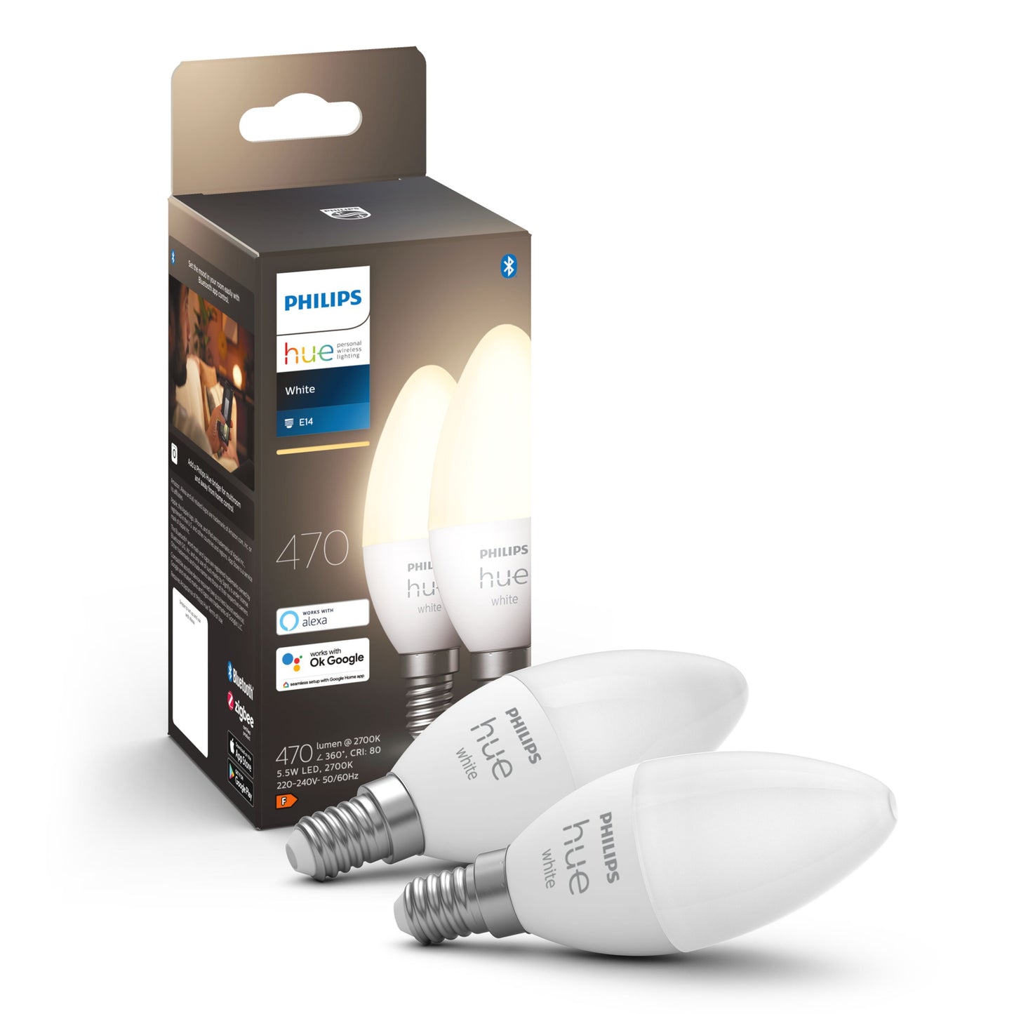 Philips Hue Hvid Smart LED-pærer E14 470 lm med emballage, produktinfo og kompatibilitetslogoer synlige.