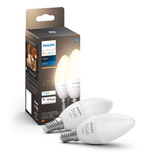 Philips Hue Hvid Smart LED-pærer E14 470 lm med emballage, produktinfo og kompatibilitetslogoer synlige.