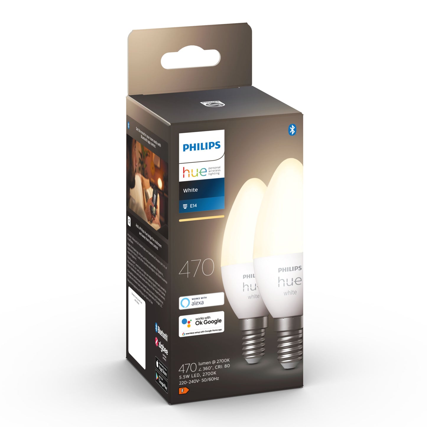 Philips Hue Hvid Smart LED-pære E14 470 lm 2-pak dæmpbart varmt hvidt lys Bluetooth smart home belysning.