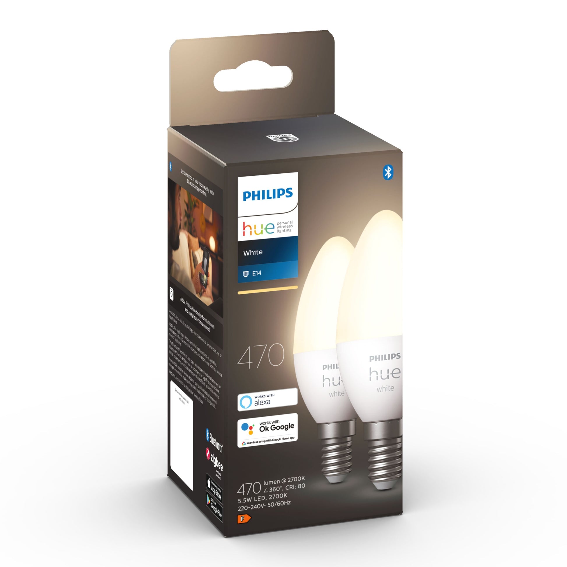 Philips Hue Hvid Smart LED-pære E14 470 lm 2-pak dæmpbart varmt hvidt lys Bluetooth smart home belysning.