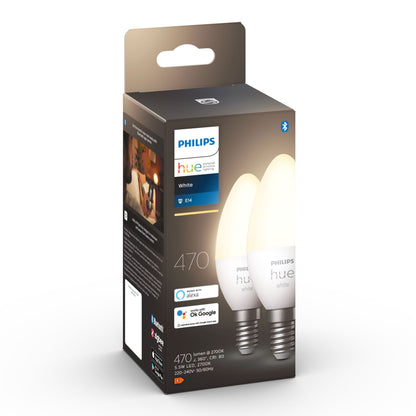 Philips Hue Hvid Smart LED-pære E14 470 lm 2-pak dæmpbart varmt hvidt lys Bluetooth smart home belysning.