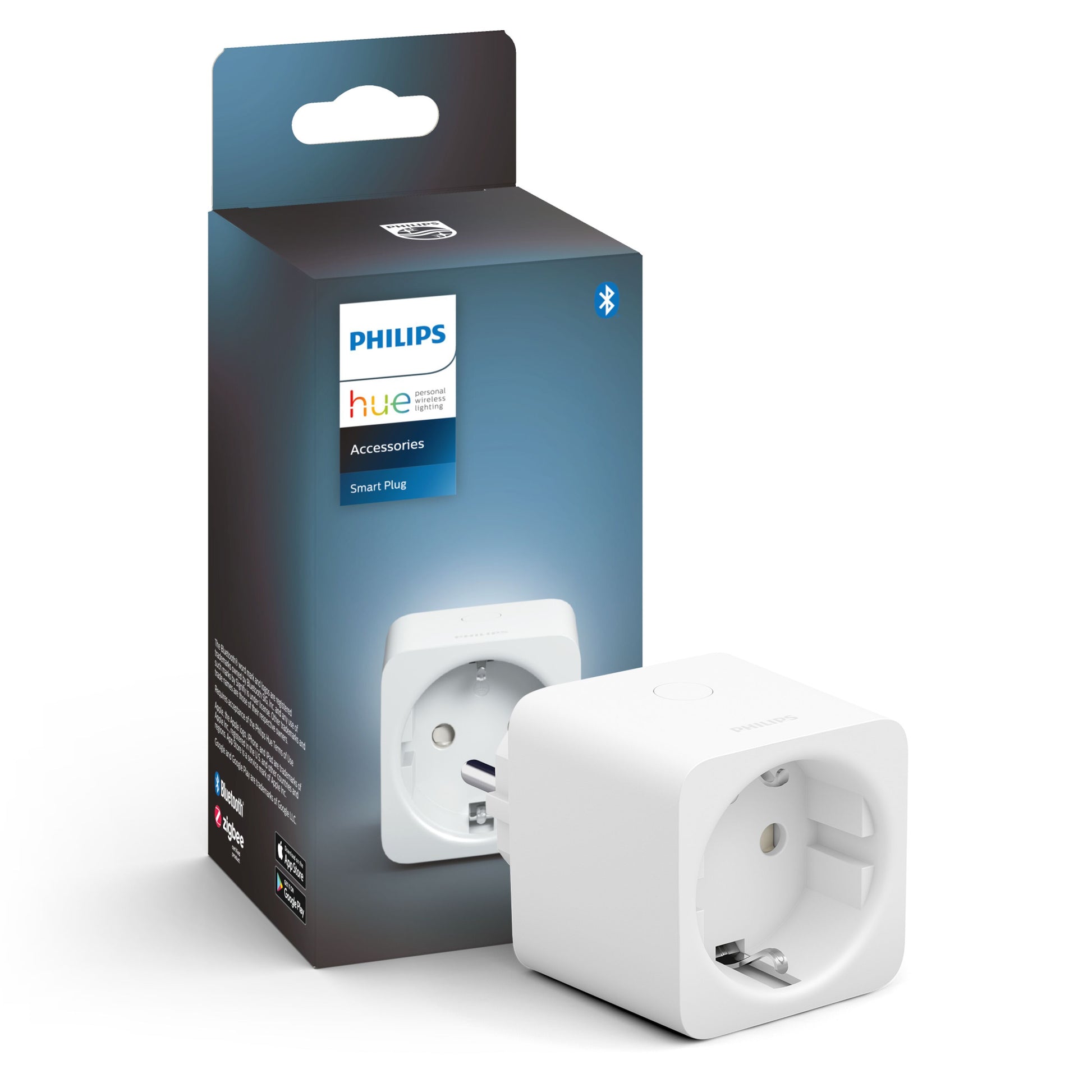 Philips Hue Smart Plug fjernbetjent hvid kubeformet, emballage med Philips Hue-logo, Bluetooth og appstyring.