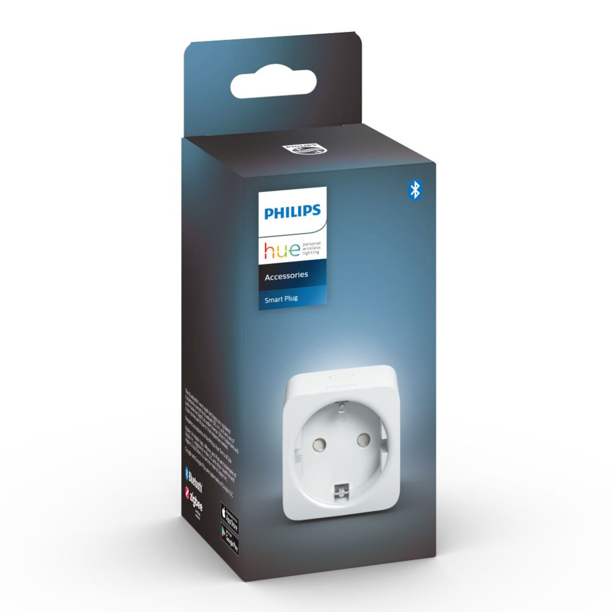 Philips Hue Smart Plug fjernbetjent strømafbryder sort æske med produktbillede, Philips Hue-logo, Bluetooth og app ikoner.
