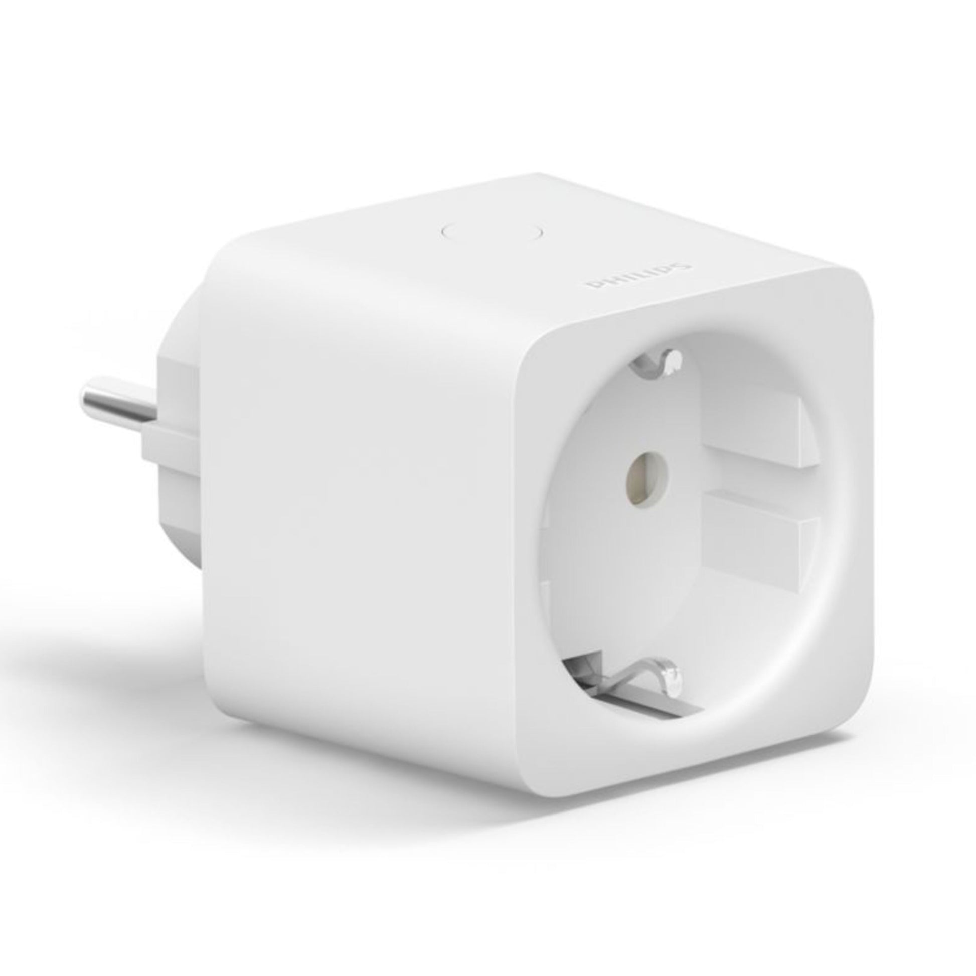 Philips Hue Smart Plug fjernbetjent strømafbryder, hvid, kvadratisk adapter med rund stik og til europæiske ben.