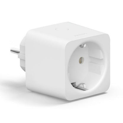 Philips Hue Smart Plug fjernbetjent strømafbryder, hvid, kvadratisk adapter med rund stik og til europæiske ben.