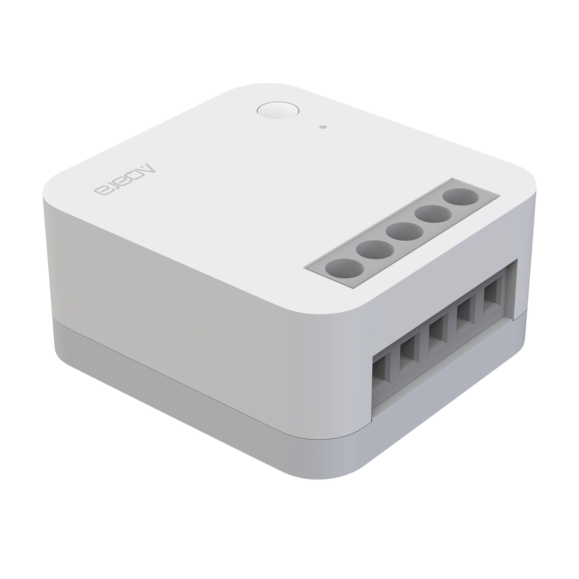 Aqara Indbygget Zigbee-fjernbetjeningsafbryder med nulleder, hvid rektangulær enhed, seks grå porte, Aqara-logo.