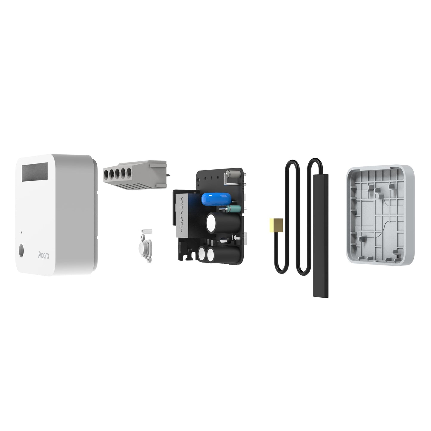 Aqara Indbygget Zigbee-fjernbetjeningsafbryder med nulleder, ydre skal, intern afbryder, printplade, batterier og stik.