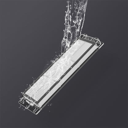 Roborock HEPA-filter fra 2-pak til robotstøvsuger, vand skylles over filteret, synlig mørk baggrund.