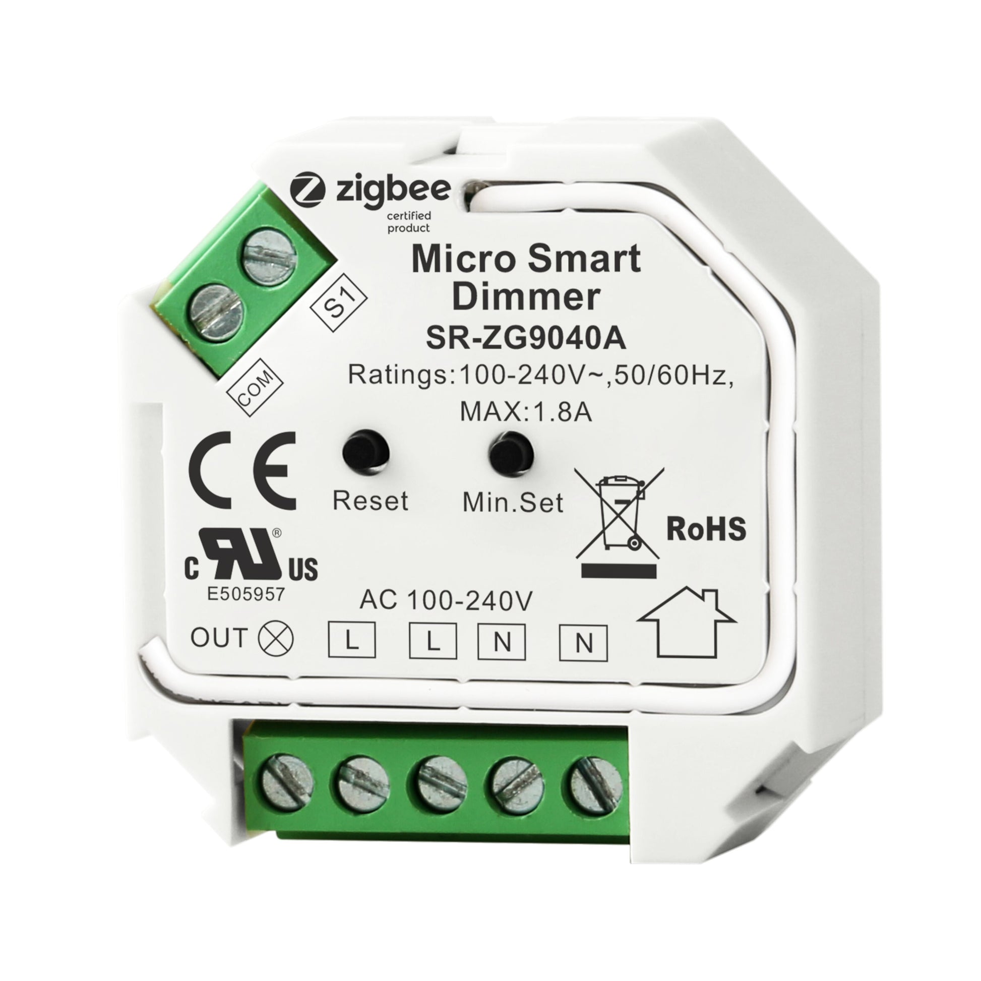 Sunricher Zigbee dæmpningsmodtager, grønne terminalblokke, reset/minimum-knapper, specifikationer foran, Hue/Homey support.