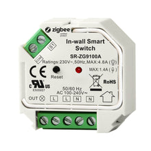 Sunricher Zigbee smart switch indbygget, 230V 50Hz 4.8A, input/output terminaler, reset-knap, certificeringslogoer.
