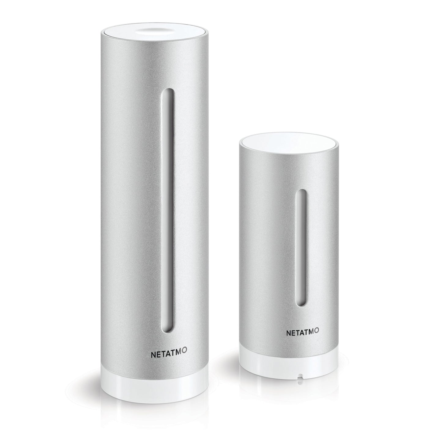Netatmo Vejrstation Smart vejrstation, til sølvfarvede enheder med hvide baser, den ene højere end den anden.