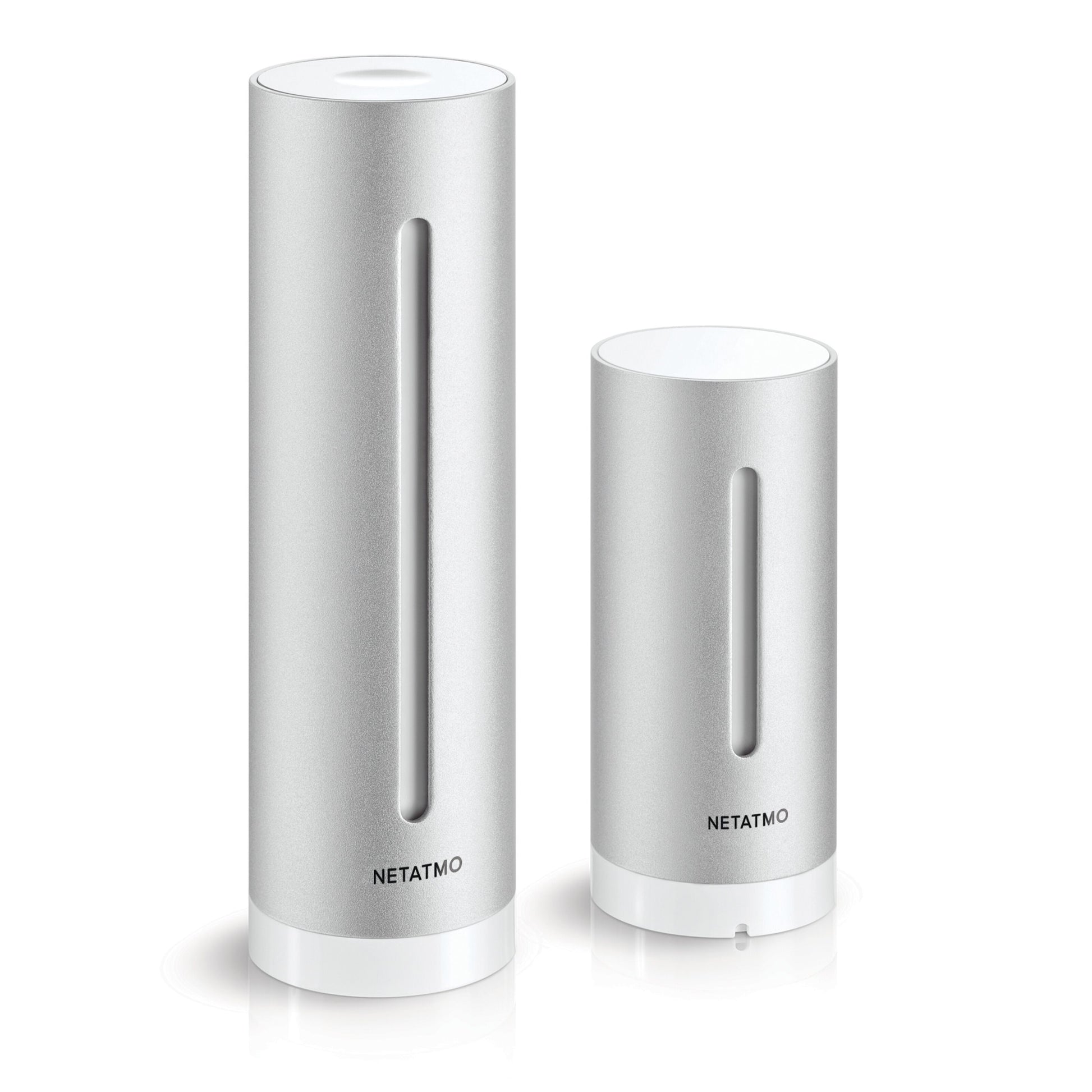 Netatmo Vejrstation Smart vejrstation, til sølvfarvede enheder med hvide baser, den ene højere end den anden.