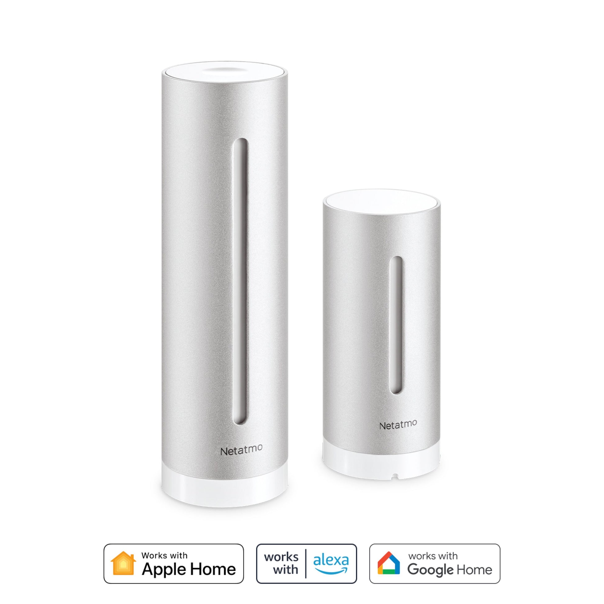 Netatmo Vejrstation Smart, to cylindriske enheder i forskellig højde med lodrette LED-striber, understøtter smart home.