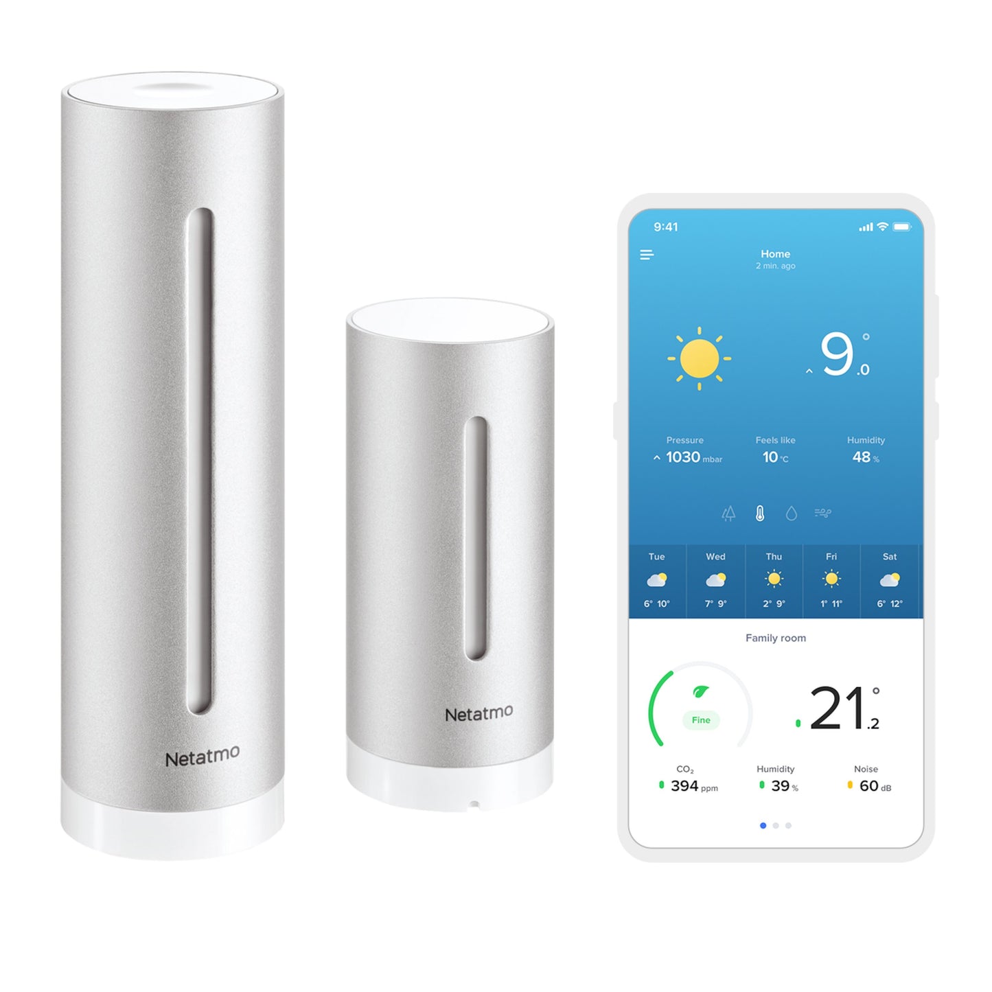 Netatmo Smart vejrstation måler temperatur, luftfugtighed, CO2 og støjniveau via app til indendørs og udendørs brug.