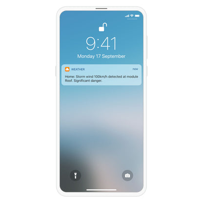 Netatmo Vejrstation Smart vejrstation vejrvarsel på smartphone, alarm om 100 km/t stormvind ved tagmodulet, lockscreen vises.
