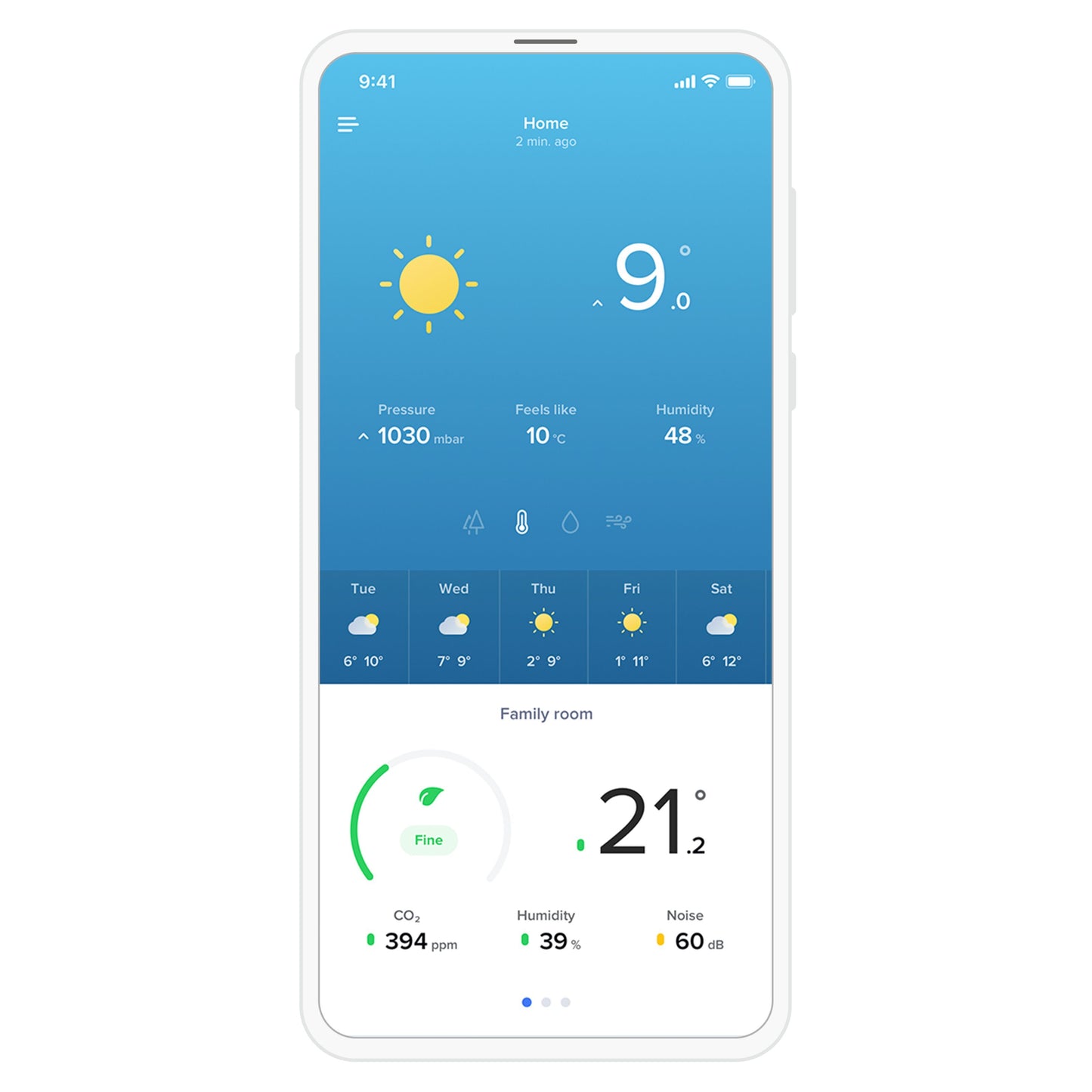 Netatmo Smart vejrstation app viser ude 9°C, 48 luftfugtighed, 1030 mbar og inde CO₂ 394 ppm, 21.2°C, 39 fugt.