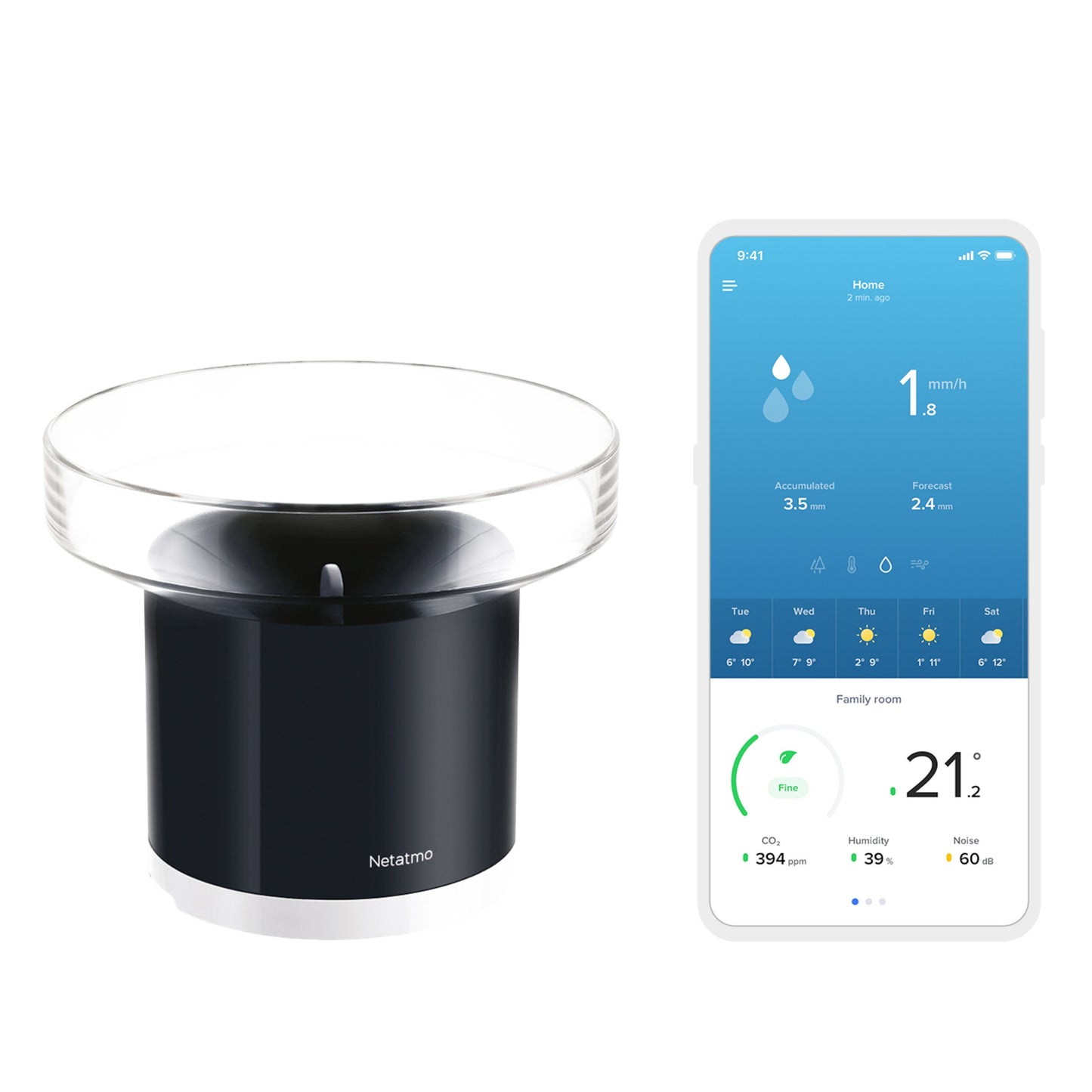Netatmo vejrstation sort/sølv med Netatmo Regnsensor ved siden af smartphone med data for regn, vind, temp., CO2, fugt, støj.