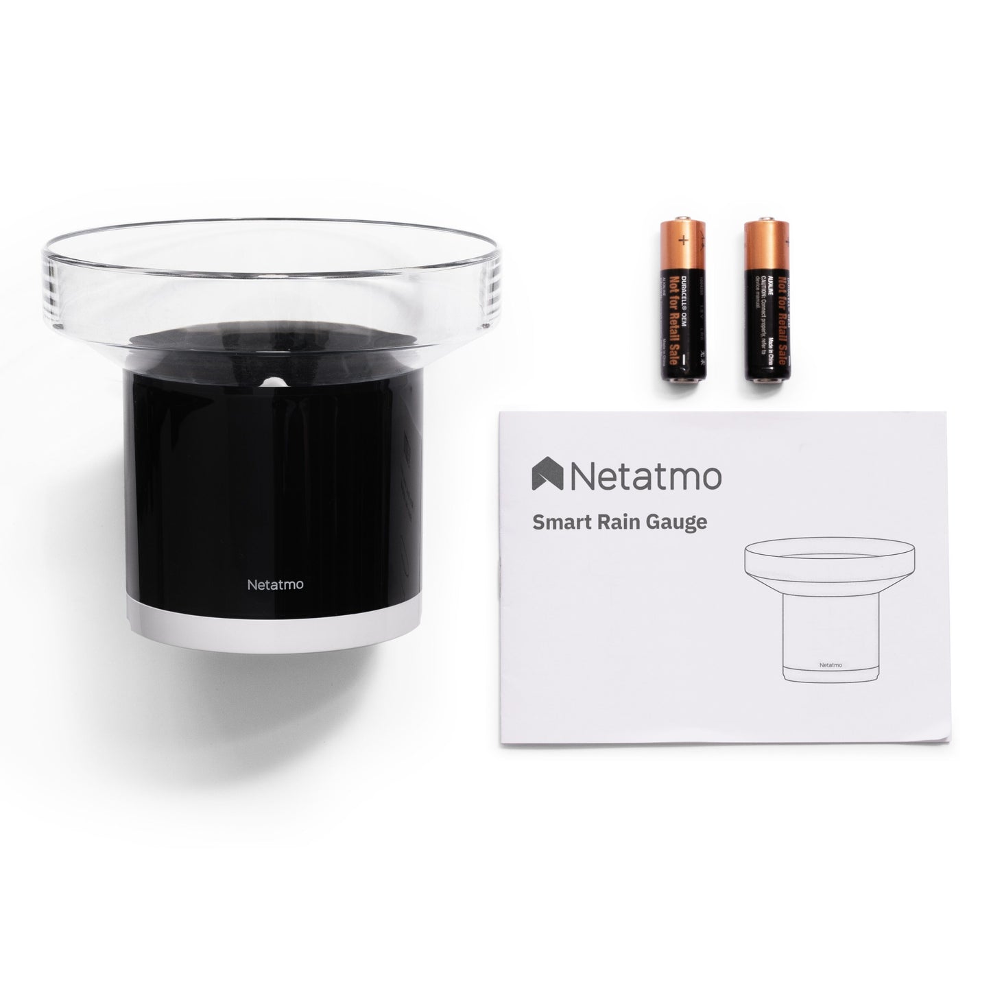 Netatmo regnsensor til vejrstation, gennemsigtig top, inkl. 2 AA-batterier og brugervejledning.