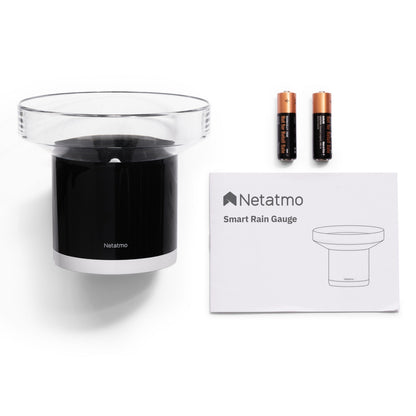 Netatmo regnsensor til vejrstation, gennemsigtig top, inkl. 2 AA-batterier og brugervejledning.