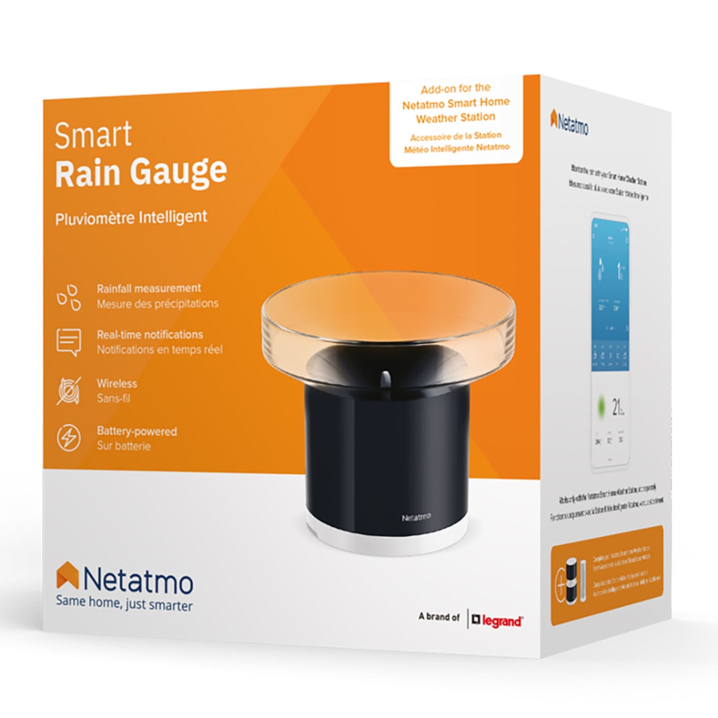 Netatmo Regnsensor til vejrstation i orange og hvid æske, regnmåler, realtidsalarmer, trådløs, batteridrevet.