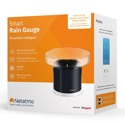 Netatmo Regnsensor til vejrstation i orange og hvid æske, regnmåler, realtidsalarmer, trådløs, batteridrevet.