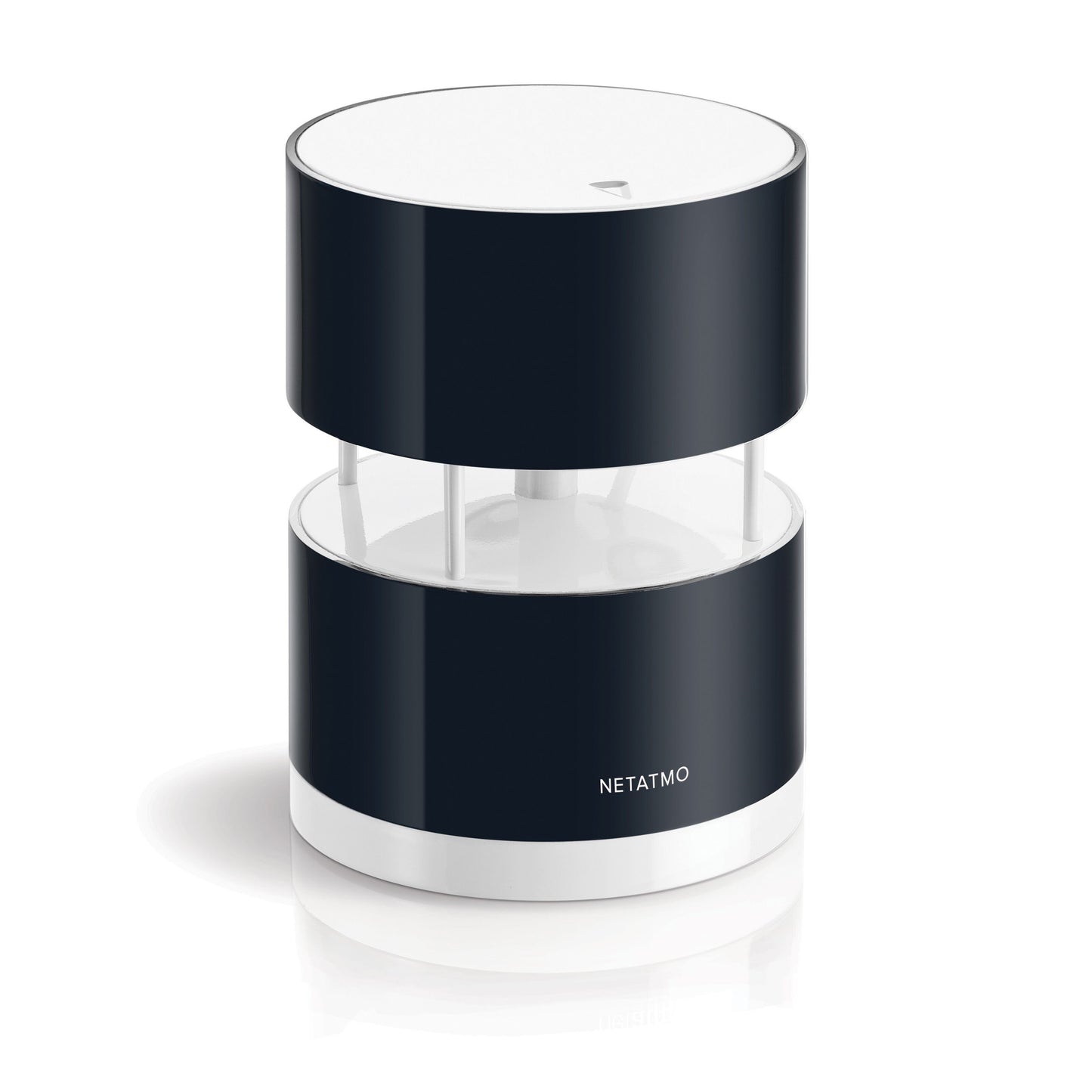 Netatmo Anemometer vindmåler sort/hvid med hul midte, lodrette støtter og Netatmo-logo nederst til Netatmo vejrstation.