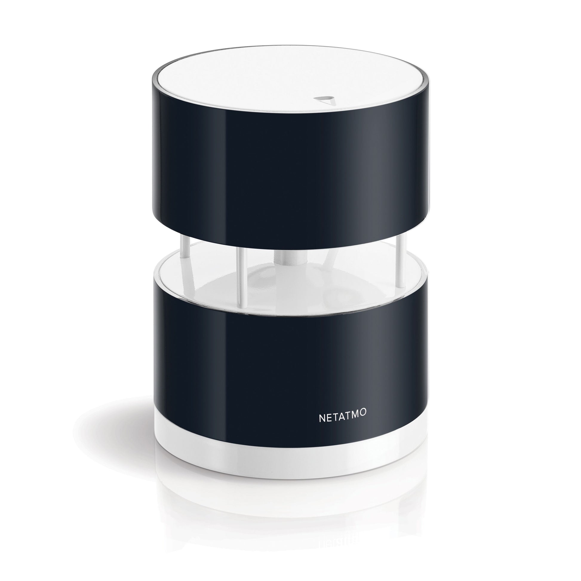 Netatmo Anemometer vindmåler sort/hvid med hul midte, lodrette støtter og Netatmo-logo nederst til Netatmo vejrstation.