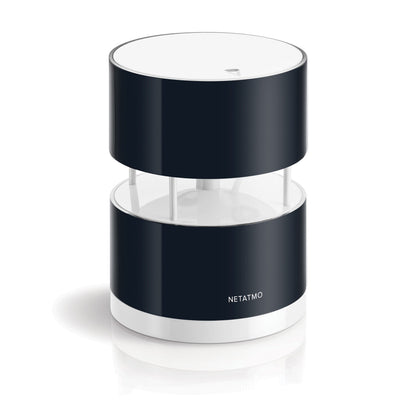 Netatmo Anemometer vindmåler sort/hvid med hul midte, lodrette støtter og Netatmo-logo nederst til Netatmo vejrstation.