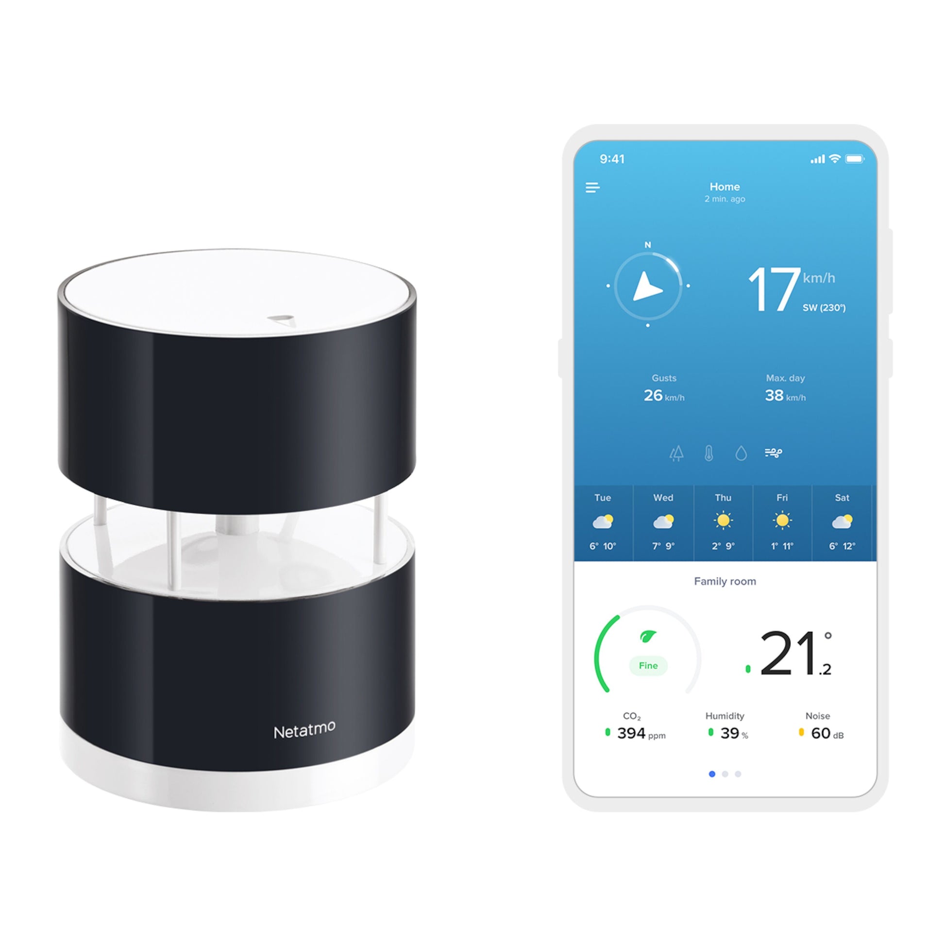 Netatmo vejrstation sort/hvid og Anemometer vindmåler ved siden af smartphone med temp, fugt, CO2 og vinddata.