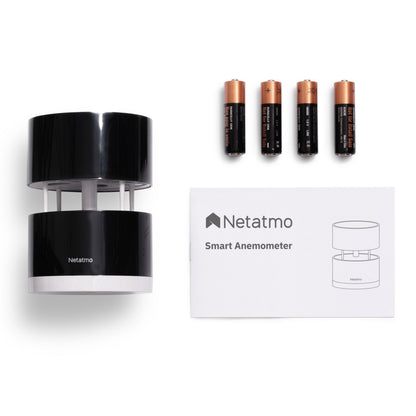 Netatmo Anemometer vindmåler til Netatmo vejrstation med fire AA-batterier og brugervejledning med stregtegning.
