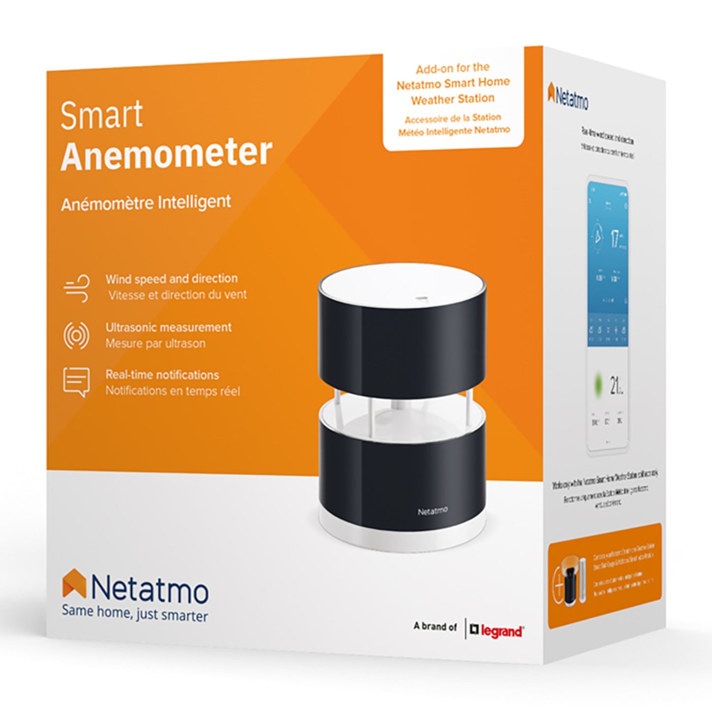 Netatmo Anemometer vindmåler emballage til vejrstation, ultralydssensor, vindhastighed/-retning, hvid/orange design.