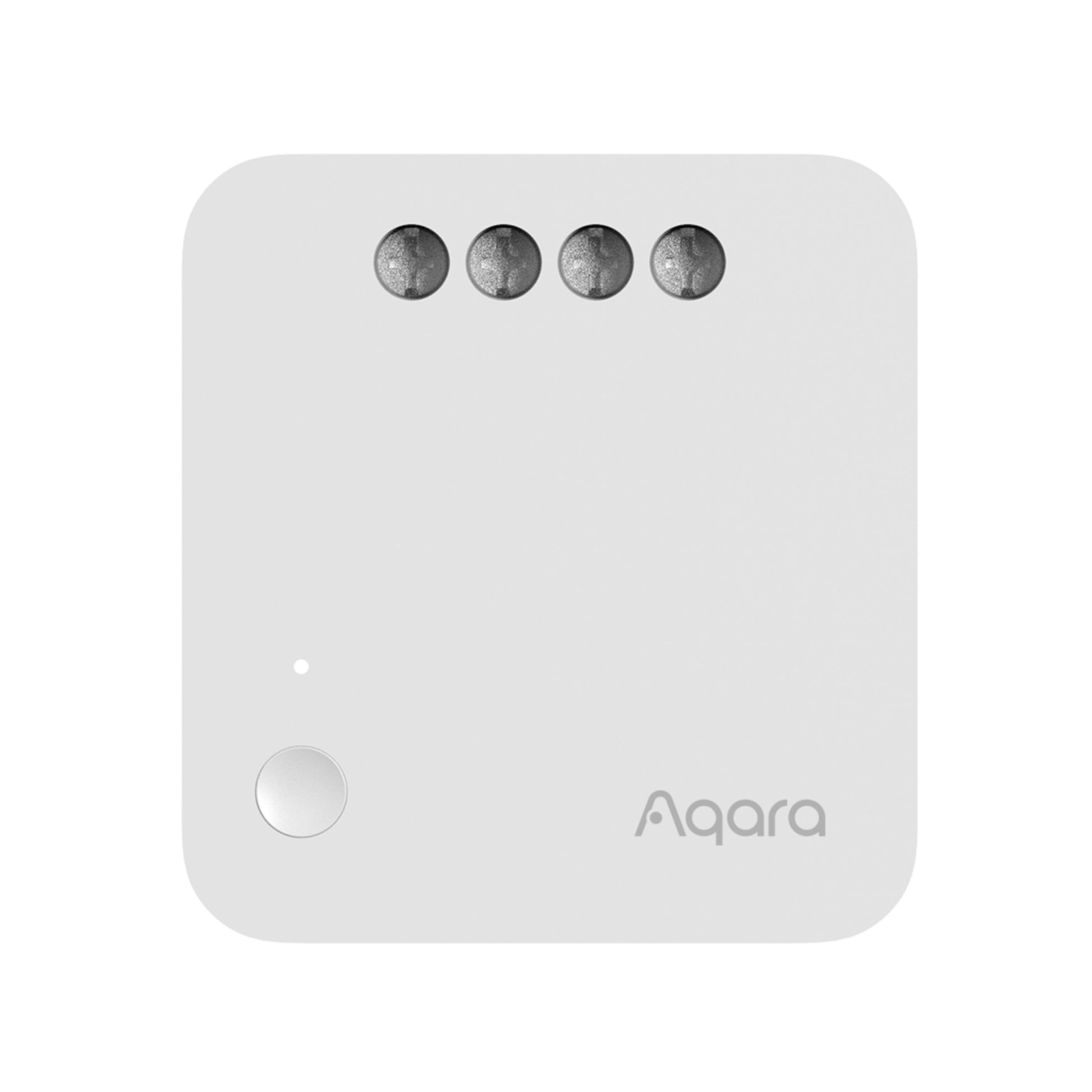 Aqara T1 Indbygget Zigbee-fjernbetjening uden nulleder, hvid med fire runde knapper, indikator og Aqara-logo nederst.