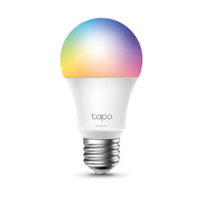 Tapo Smart RGB LED-pære E27 med flerfarvet globe i blå, lilla, pink, orange og gul, hvid sokkel, "tapo" på hals.