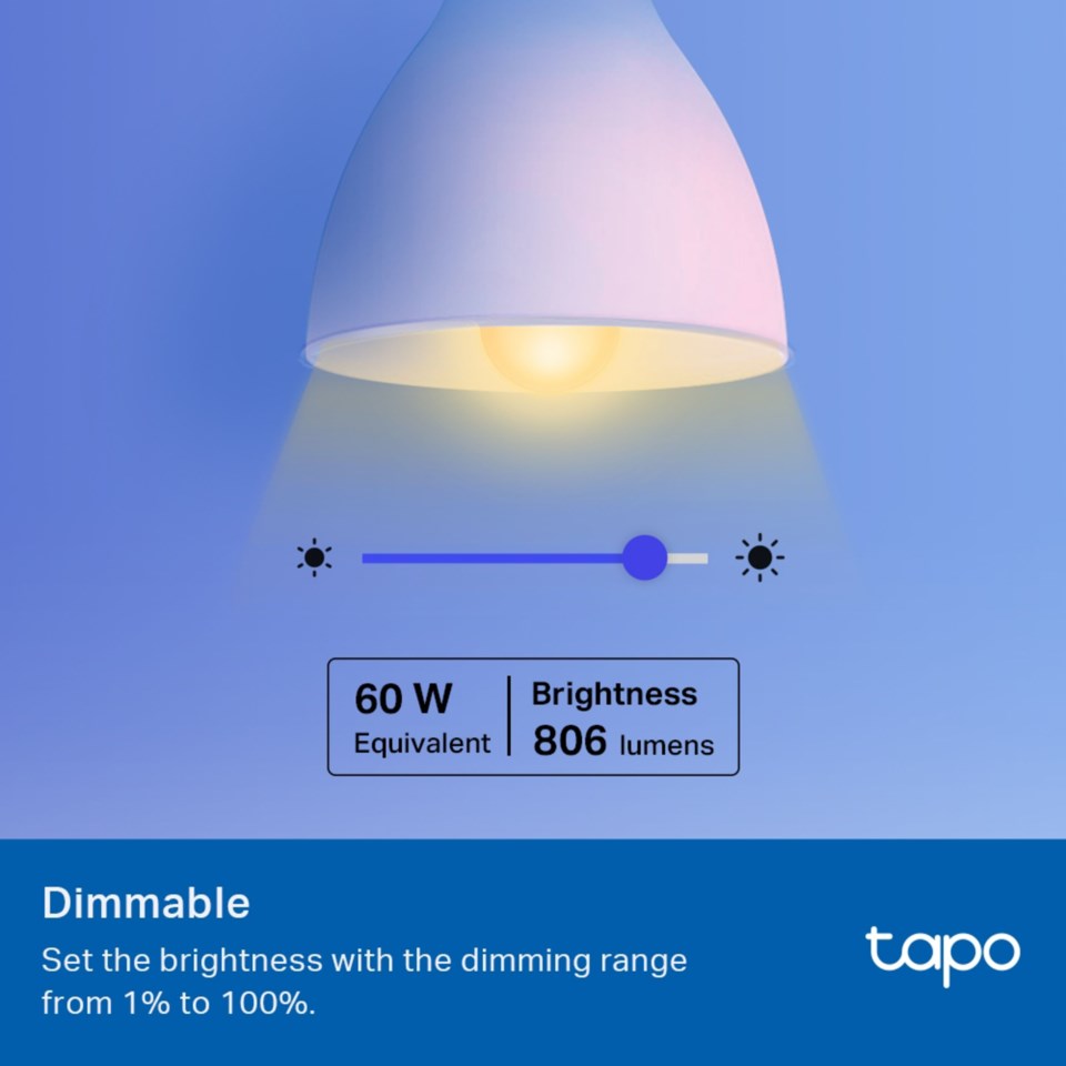 Tp-Link Tapo Smart RGB LED-pære E27, dæmpbar 1-100 , 60W/806 lumen, E27 sokkel, Tp-Link logo.