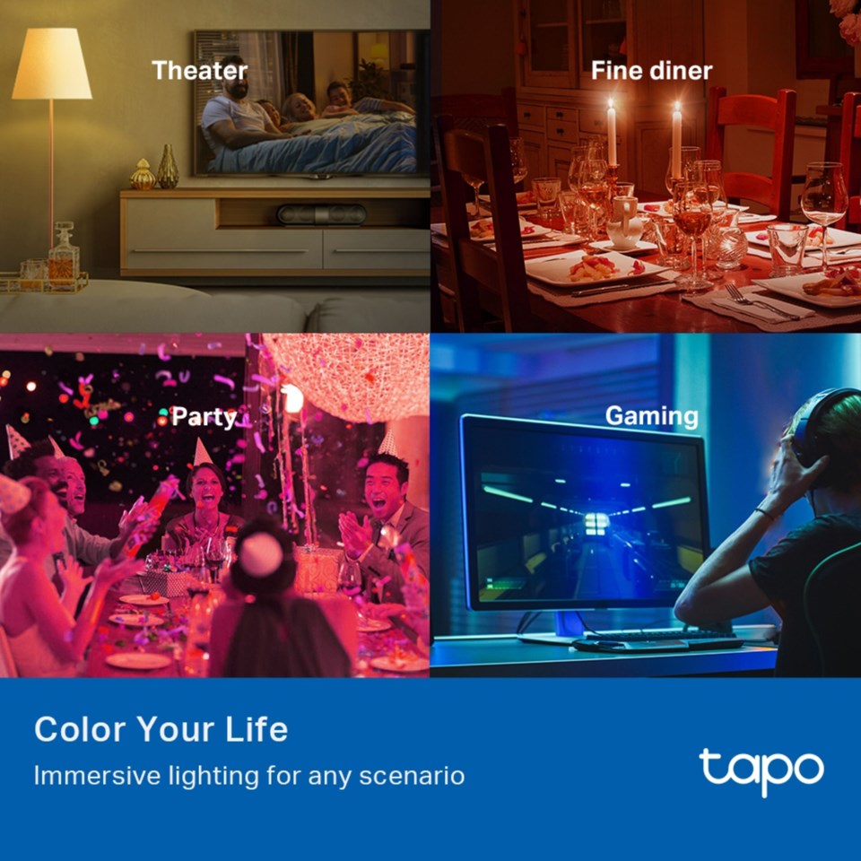 TP-Link Tapo Smart RGB LED-pære E27, logo og teksten "Color Your Life - Immersiv belysning til ethvert scenarie.