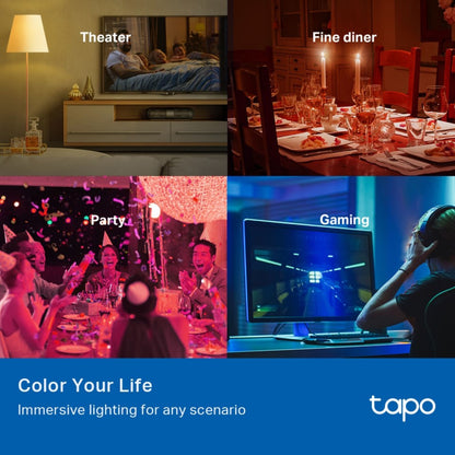 TP-Link Tapo Smart RGB LED-pære E27, logo og teksten "Color Your Life - Immersiv belysning til ethvert scenarie.