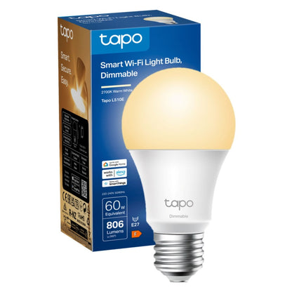 Tapo Smart wifi LED-pære E27, dæmpbar, 806 lumen, 2700K varm hvidt lys, 60W ækvivalent, foran blå emballage.