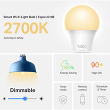 Tapo Smart wifi LED-pære, 2700K varm hvid, dæmpbar, CRI >90, 85 energibesparelse, ikoner for away mode, fjernstyring og planlægning.