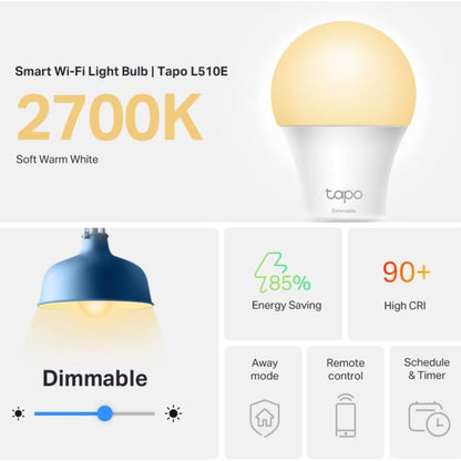 Tapo Smart wifi LED-pære, 2700K varm hvid, dæmpbar, CRI >90, 85 energibesparelse, ikoner for away mode, fjernstyring og planlægning.