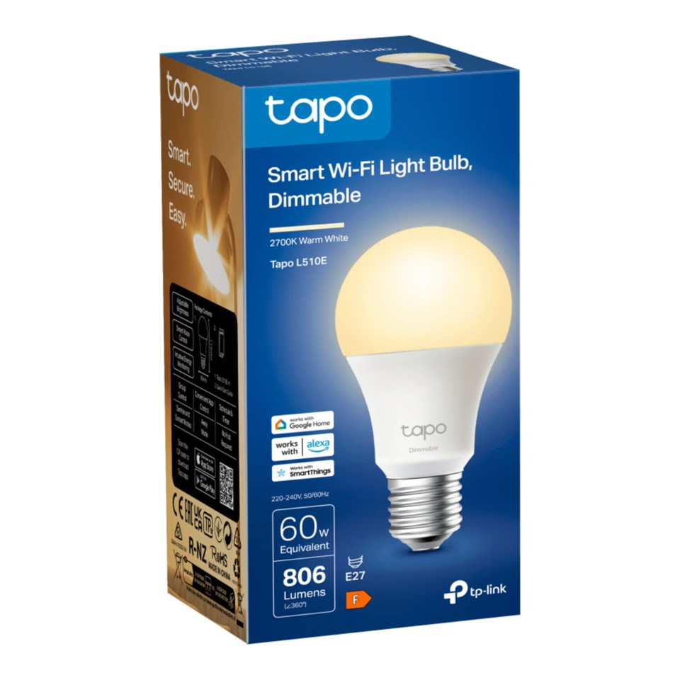 TP-Link Tapo Smart WiFi LED-pære E27, 2700K varm hvid, 806 lumen, kompatibel med Alexa og Google Assistant.