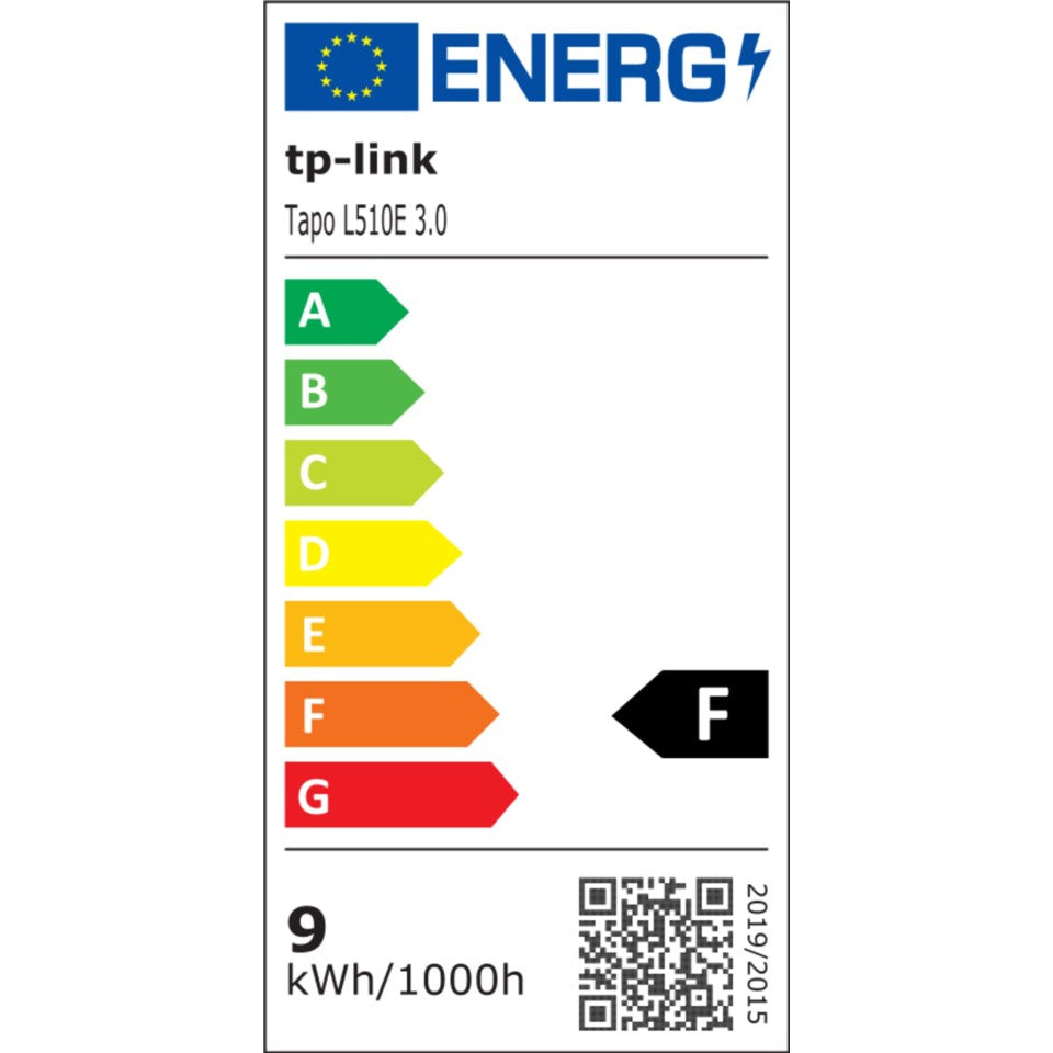 Energimærke til Tp-Link Tapo Smart wifi LED-pære F, 9 kWh/1000h, QR-kode, EU-flag og produktinfo.