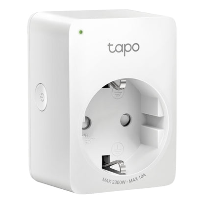 TP-Link Tapo Mini Smart Wifi fjernbetjeningskontakt 1 stk med én stikkontakt, LED-indikator, strømafbryder og Tapo-logo.