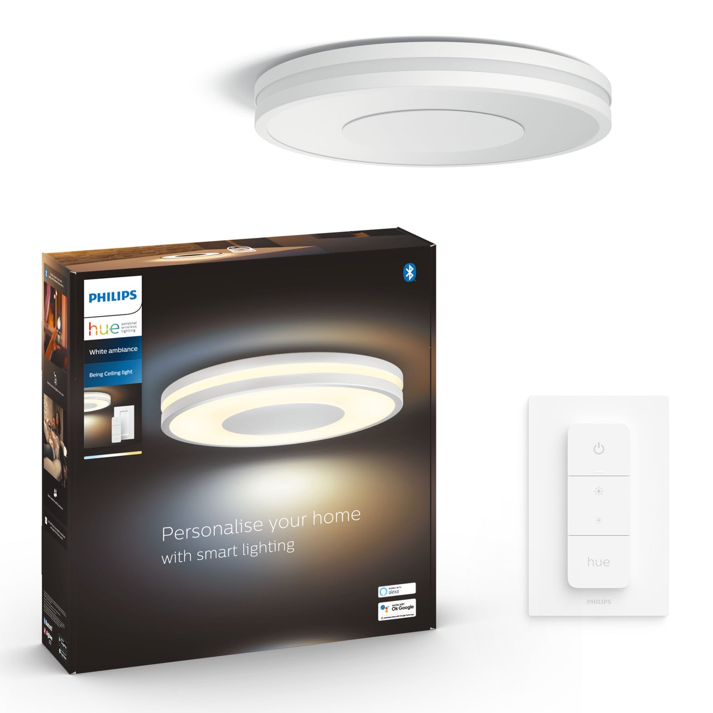 Philips Hue Ambiance Being loftslampe med dæmper, trådløs fjernbetjening, Bluetooth-kompatibel, dæmpbar belysning.