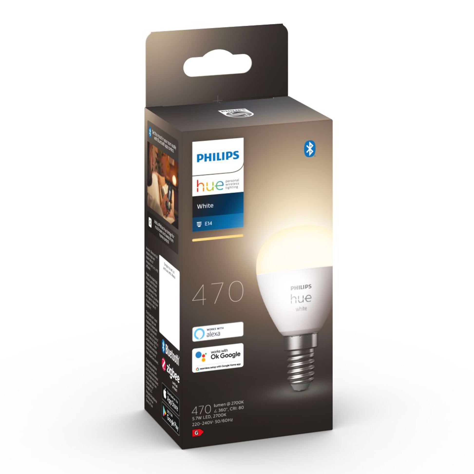 Hue Luster Smart LED-pære E14 470 lm 1-pak i sort æske, synlig pære, E14 sokkel, Bluetooth-logo, Alexa/Google kompatibel.