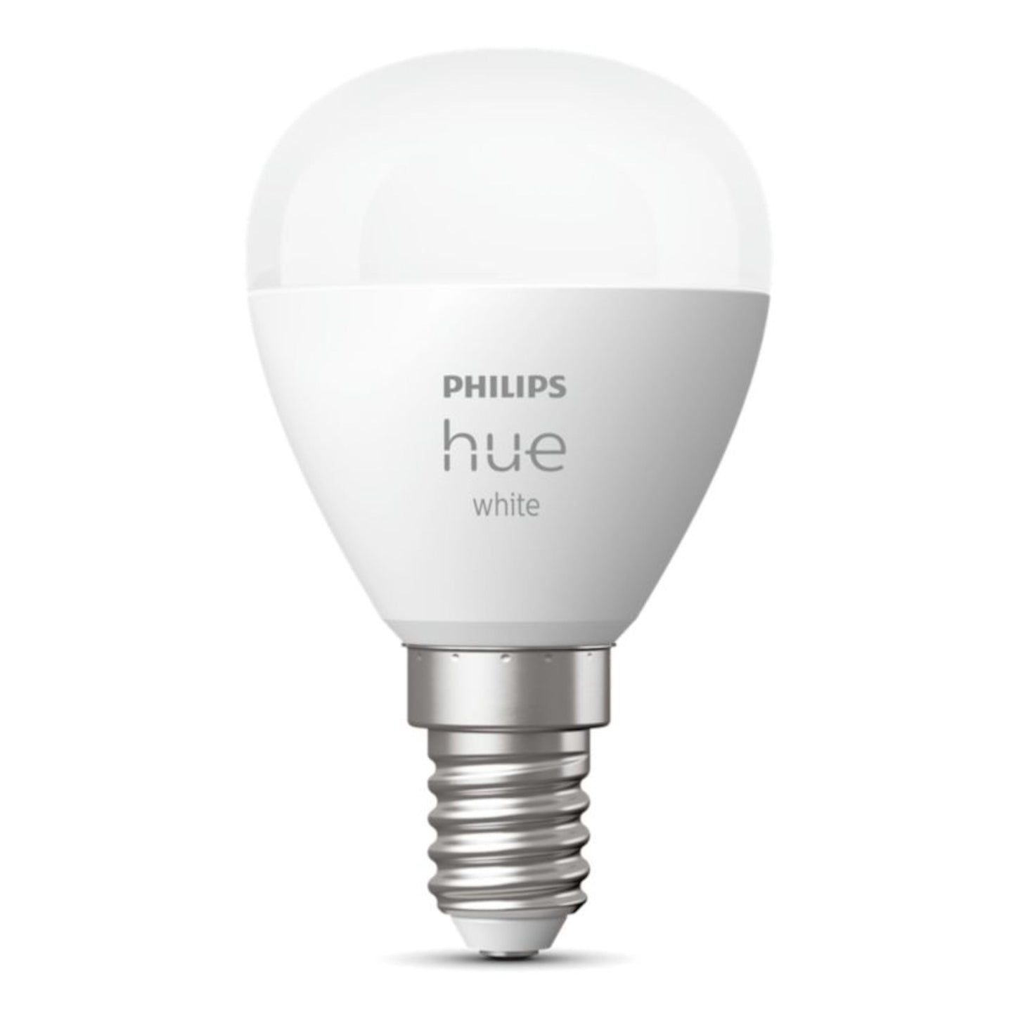 Philips Hue Luster Smart LED-pære E14 470 lm 1-pak, hvid afrundet top, sølv base, Philips Hue logo.