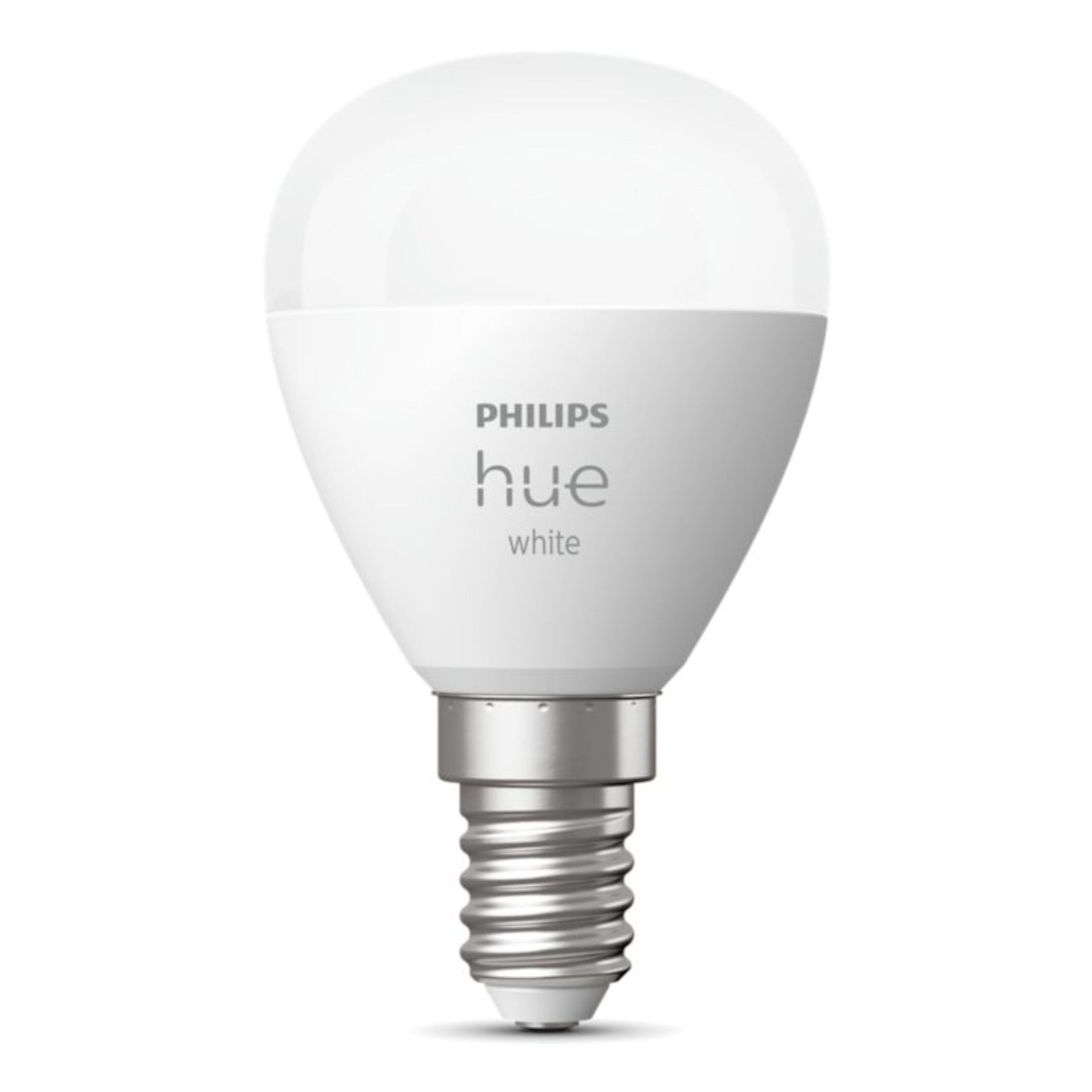 Philips Hue Luster Smart LED-pære E14 470 lm 1-pak, hvid afrundet top, sølv base, Philips Hue logo.