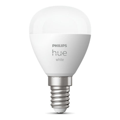 Philips Hue Luster Smart LED-pære E14 470 lm 1-pak, hvid afrundet top, sølv base, Philips Hue logo.